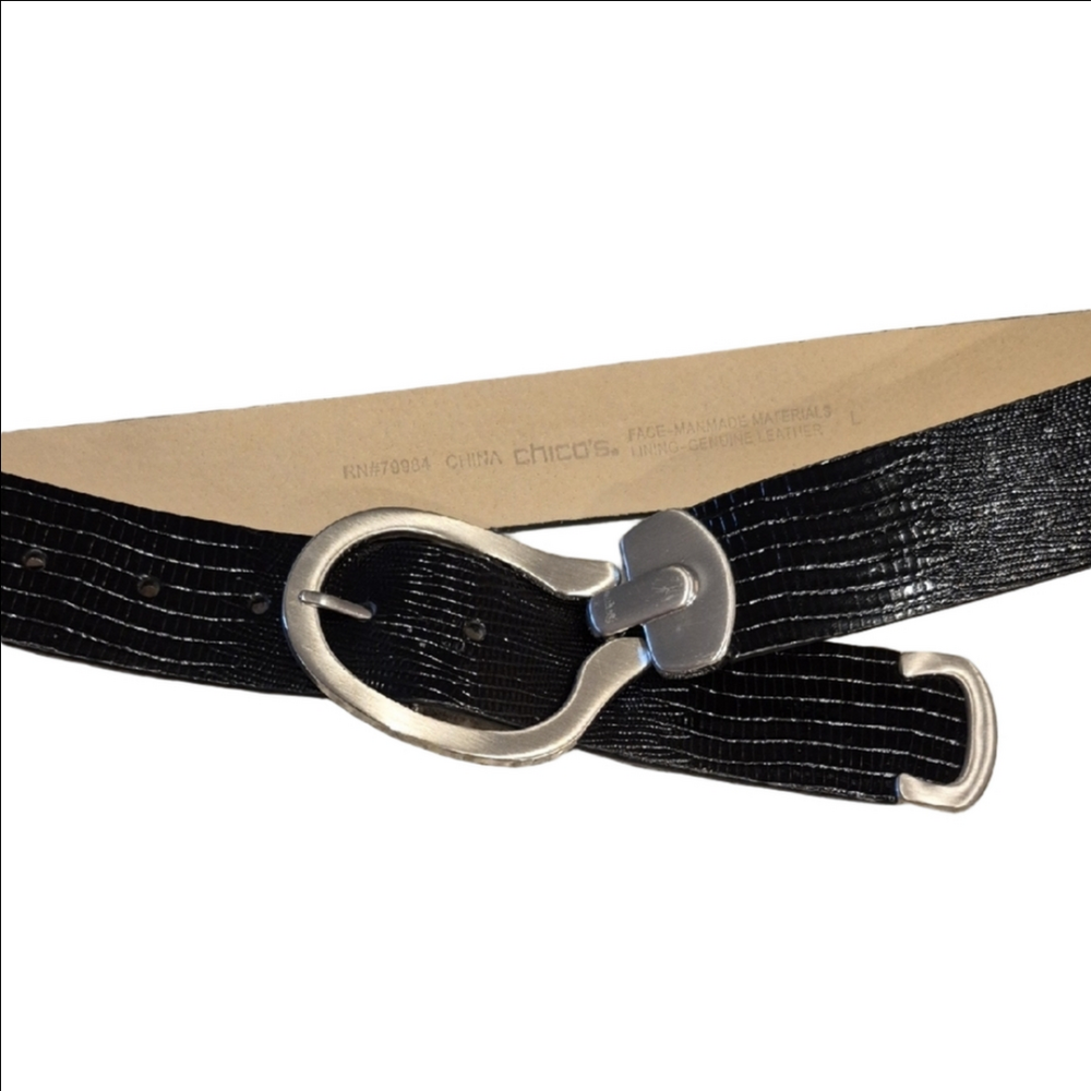 Chico's Black Textured Belt with Brushed Silver Buckle Size Large